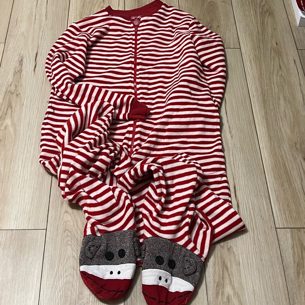 Red and White striped sock monkey onsie pajamas